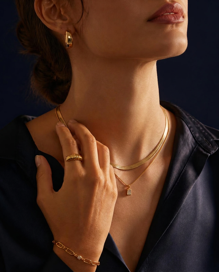 Model wearing layered POKA necklaces, ring, earring and bracelet