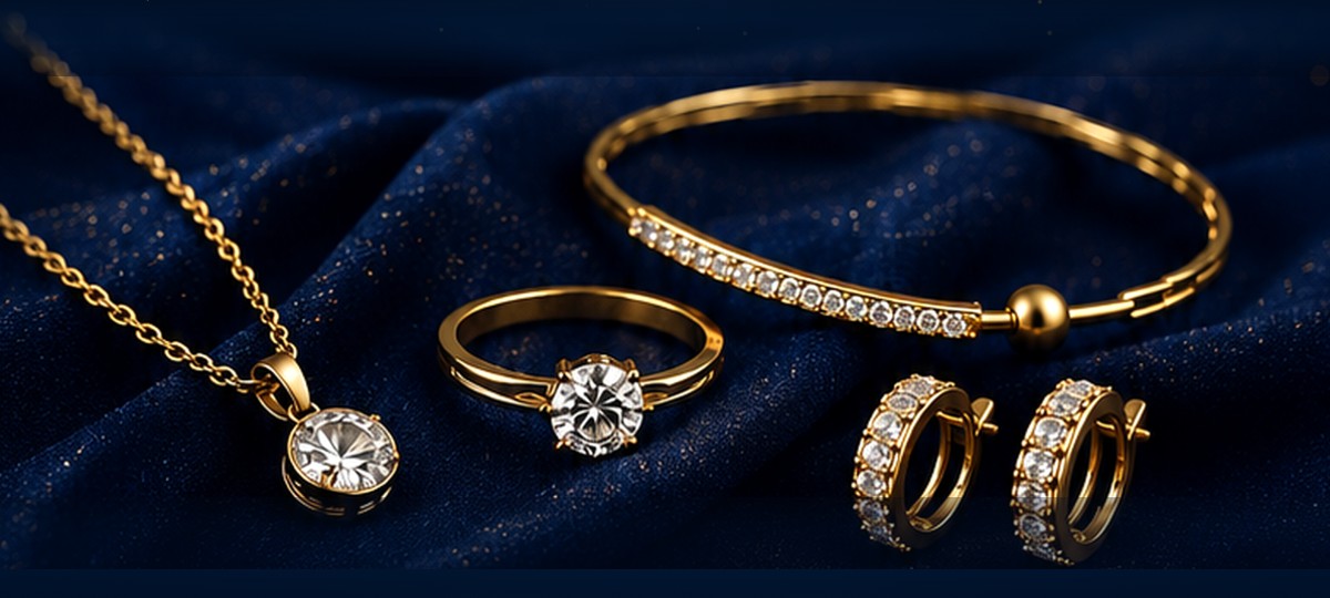 POKA gold plated necklace, ring, bracelet and earrings on midnight velvet